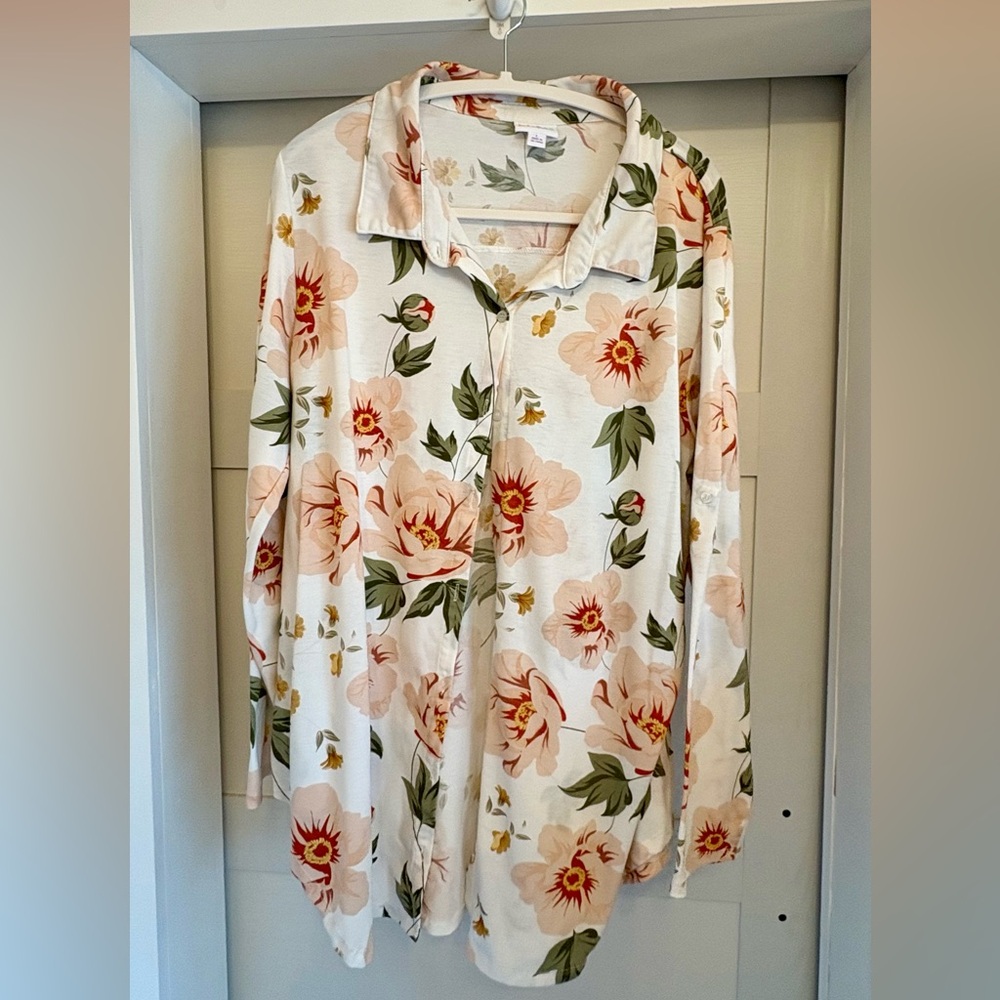 LuLaRoe Cream Floral Button-Up Blouse with Blush & Olive Accents